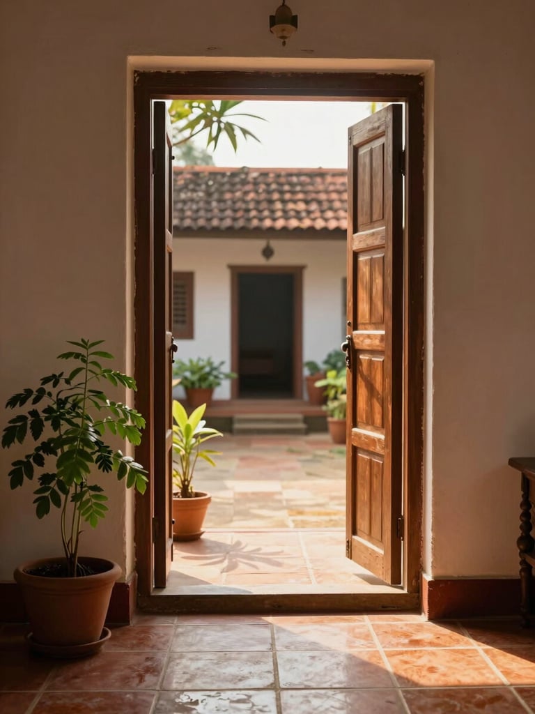 Environmental portrait from inside a Goan home — looking out through an open wooden door onto a sunlit courtyard, potted tulsi plant to the left, warm golden-hour light flooding the threshold, no people visible, terracotta floor tiles in sharp foreground detail