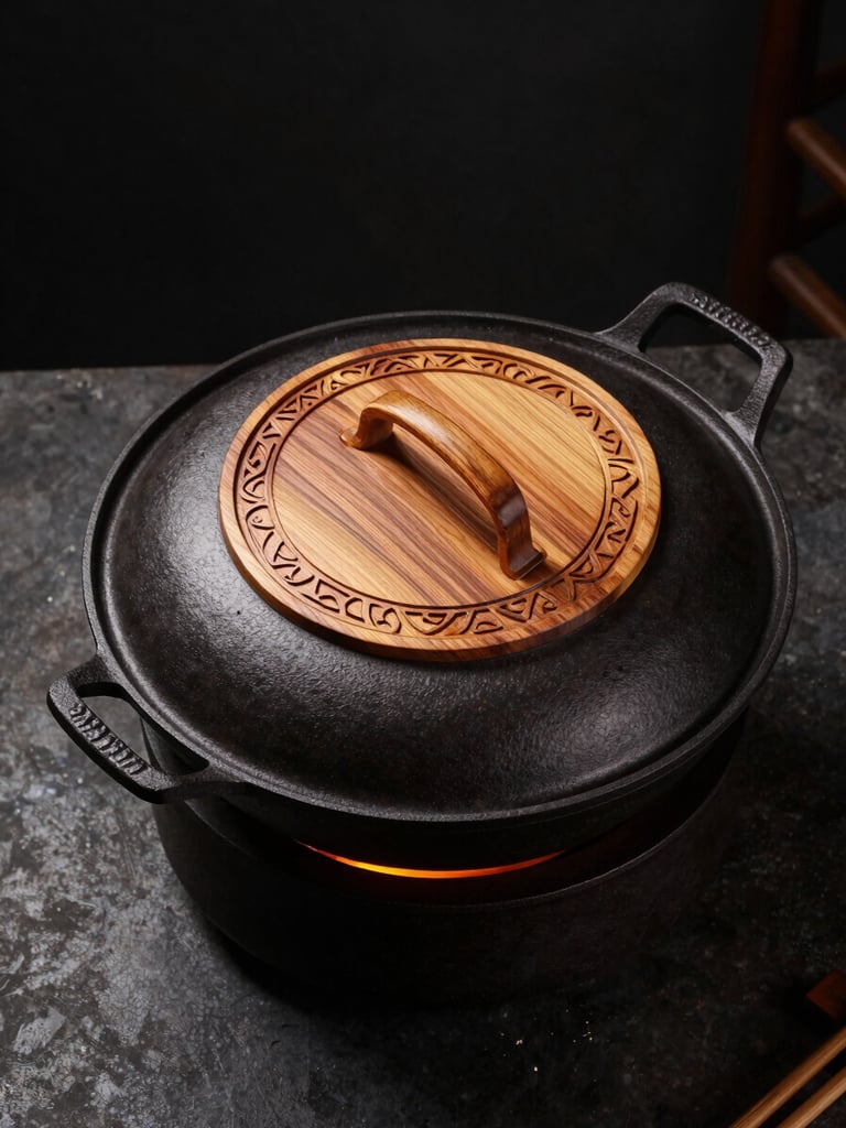 Overhead studio shot of a 32cm uncoated cast iron wok with a custom hand-carved cedar lid on a dark industrial background