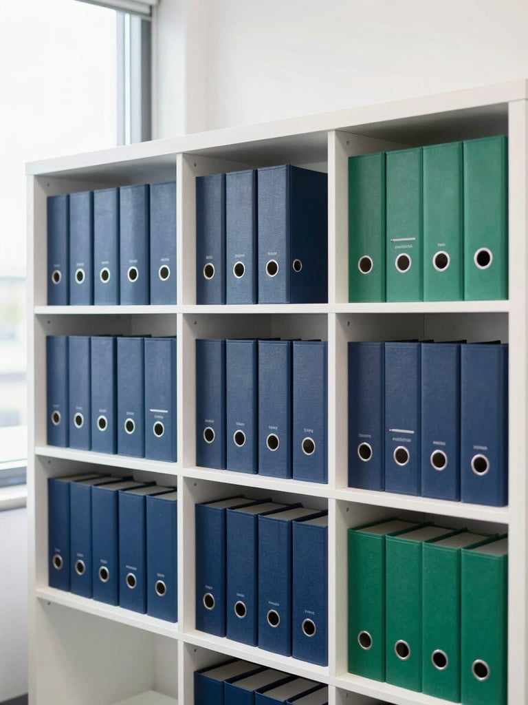 Bright modern office interior, organized physical archives on clean white shelves, natural window light, minimalist corporate environment