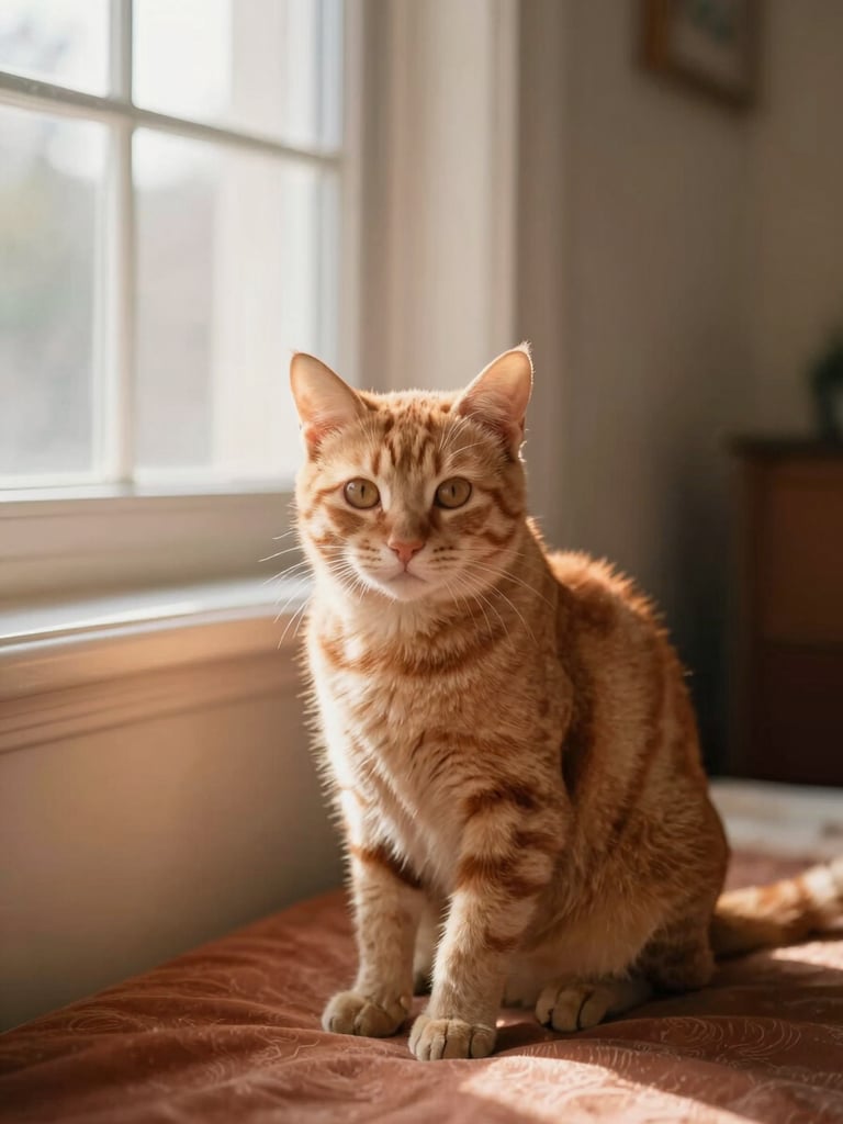 A warm volunteer gently cradling a young ginger indie cat in a cozy room, soft window light, natural and authentic, 35mm photography