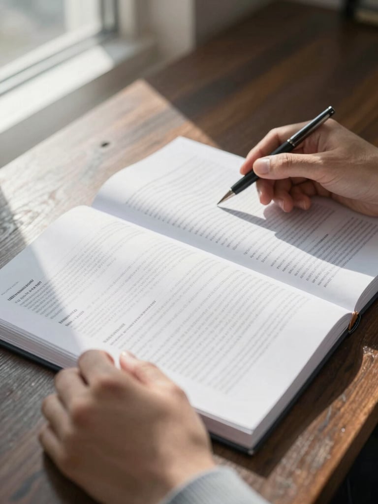 Close-up of hands turning pages of a printed financial report on a dark wood desk, natural window light falling from the left, soft honest shadows across the document surface, no faces visible