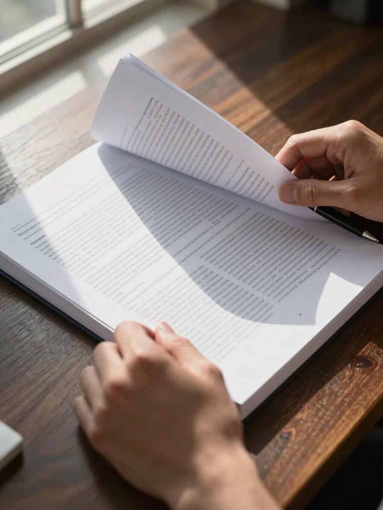 Close-up of a pair of hands turning the page of a dense financial document on a dark wooden desk, natural window light falling diagonally across the paper, pen resting at the edge, no faces visible, honest shadows