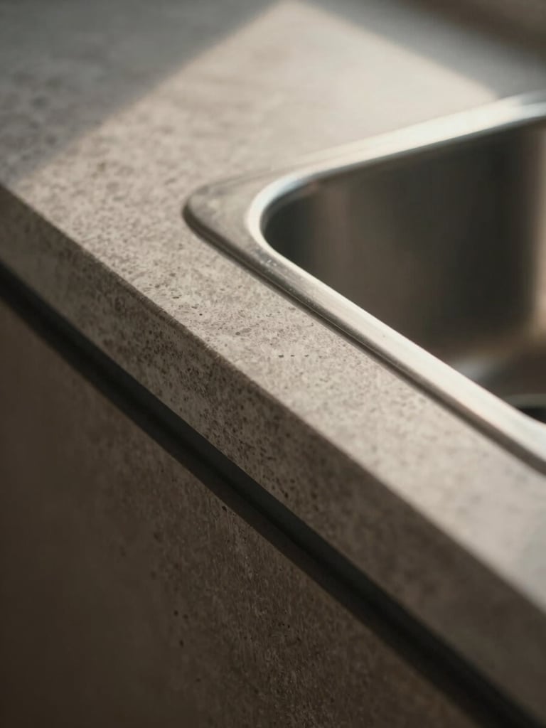 Extreme close-up of a stone countertop edge meeting a recessed stainless steel sink rim, north-facing natural light raking across the material surface revealing grain and texture, tight architectural framing with shallow depth of field, no hands, no props — pure material joinery study in warm graphite tones
