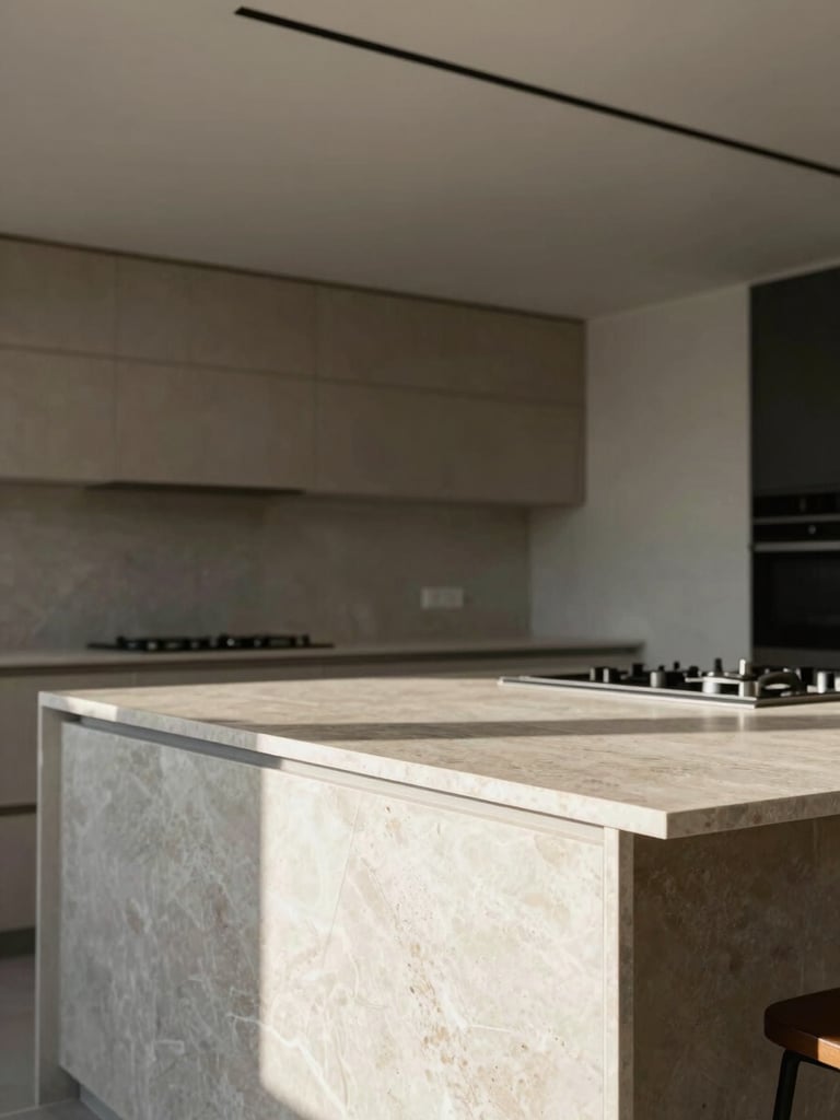 Low-angle shot of a completed high-end residential kitchen, empty counter surface in honed stone, ceiling plane with recessed linear lighting off, natural north-facing daylight raking across the counter edge and tile join, no people, no styled objects, architectural publication framing