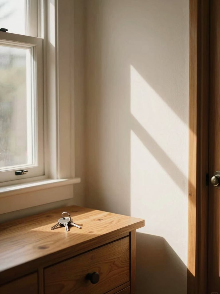 Wide interior shot of a modest residential entryway, a set of house keys resting on a wooden console table beside a natural-light window, warm afternoon daylight casting soft shadows on the wall, unhurried and candid