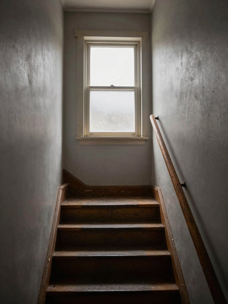 Documentary interior: a narrow staircase in a modest home, natural daylight entering from a frosted window on the landing, worn wooden handrail, warm gray walls, unpretentious and lived-in, shot from the base looking up