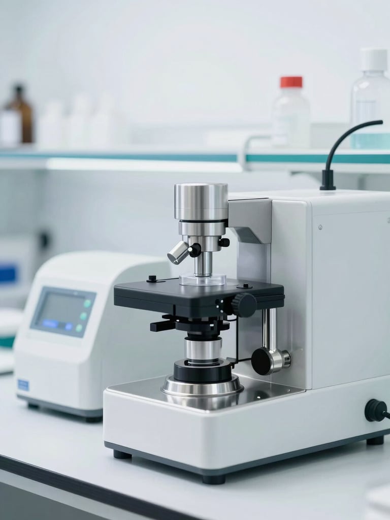 Macro shot of a clean laboratory environment, pristine stainless steel equipment, bright high-key lighting, sterile but premium, 85mm