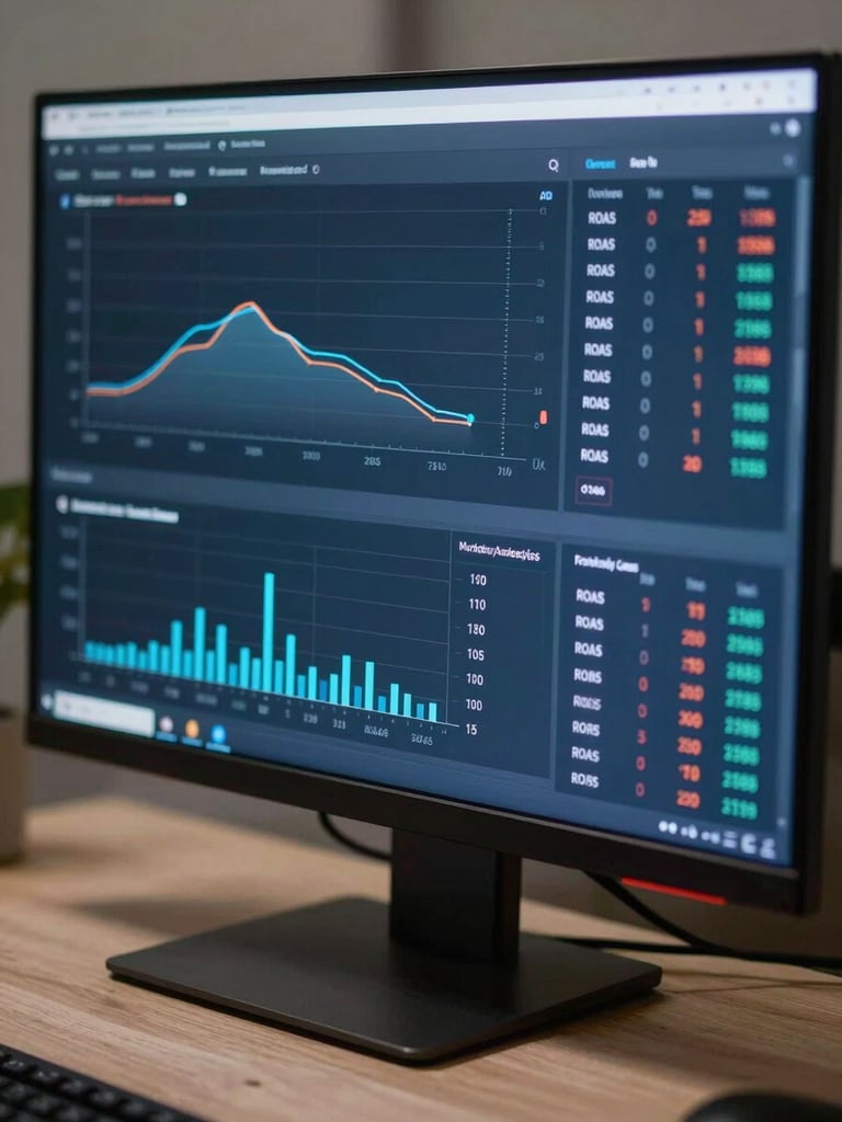 Close-up of a live marketing analytics dashboard on a dark monitor, conversion rate and ROAS metrics prominently visible, cool blue light from screen illuminating a clean desk surface, tight editorial framing on data readouts