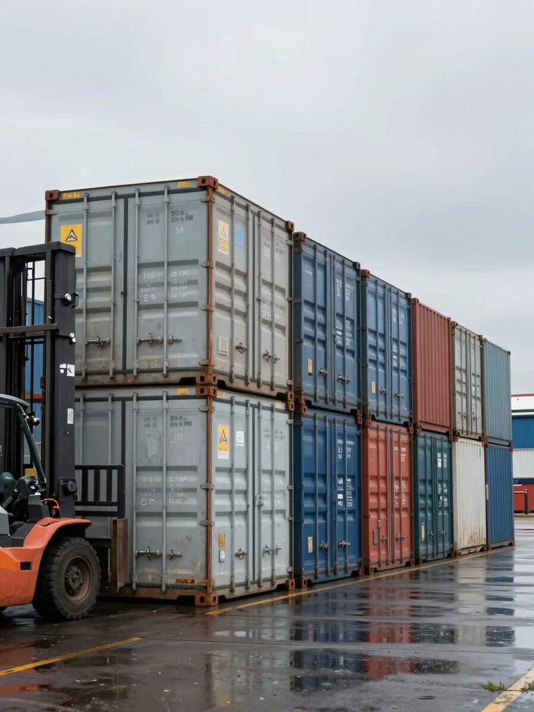 Close environmental shot from dockside, a row of 20ft shipping containers in overcast grey light, forklift partially visible at the left edge unloading cargo, wet tarmac reflecting the sky, natural flat daylight — no people in frame, wide industrial framing