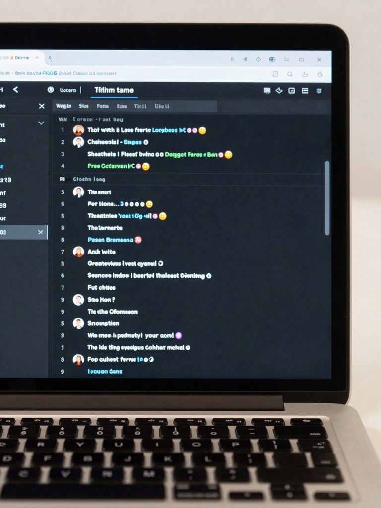 Close-up of a laptop screen showing a live chatbot conversation dashboard with message threads and response-time metrics, shot straight-on under even studio light, keyboard visible at bottom edge