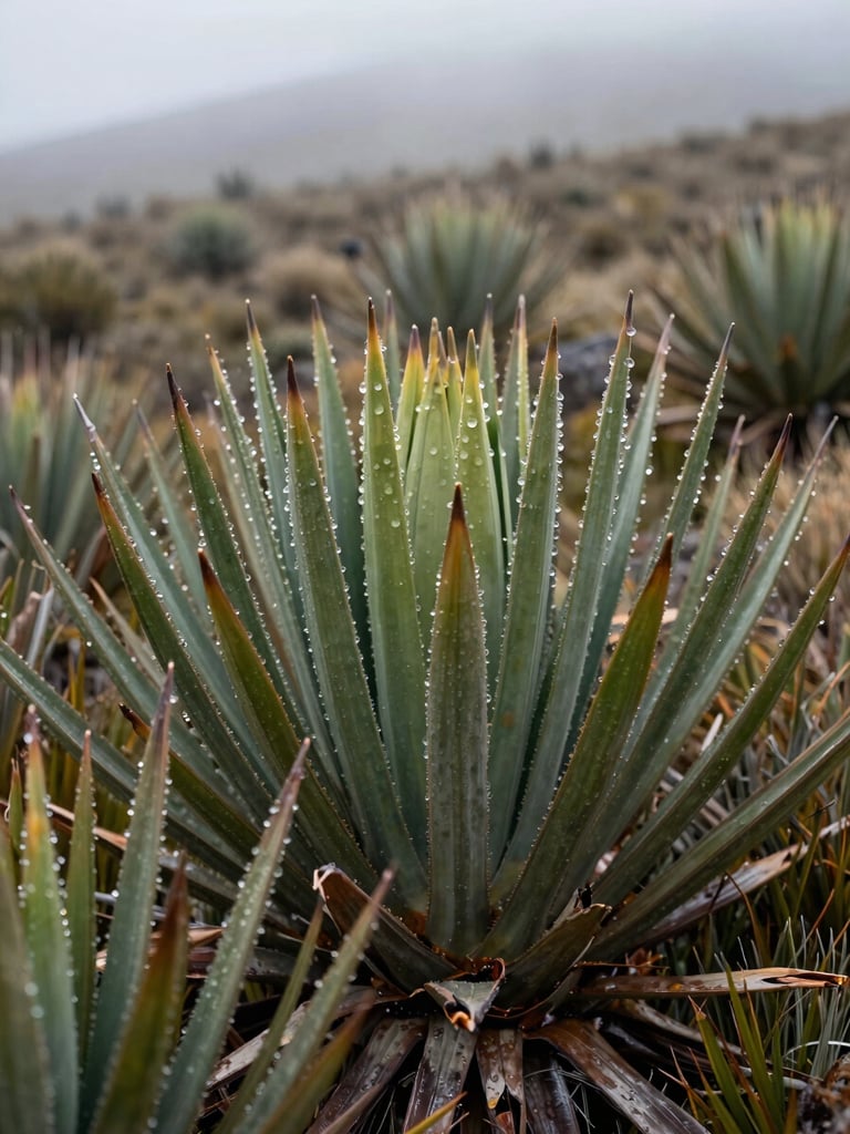 Close-up of native frailejón plants in the wet, misty paramo of Tasco, capturing water droplets from the mountain air, natural daylight
