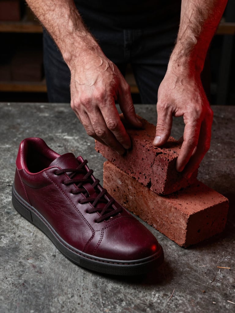 Low-angle close-up of hands sorting rich burgundy bricks next to a customized leather sneaker on a dark industrial concrete workbench, moody red rim-lighting.
