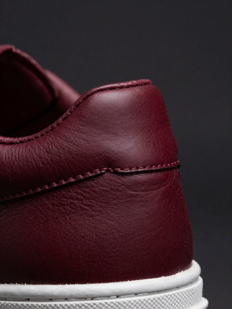 Macro close-up of premium burgundy leather grain being stitched onto a classic sneaker silhouette, deep charcoal background, dramatic studio lighting.