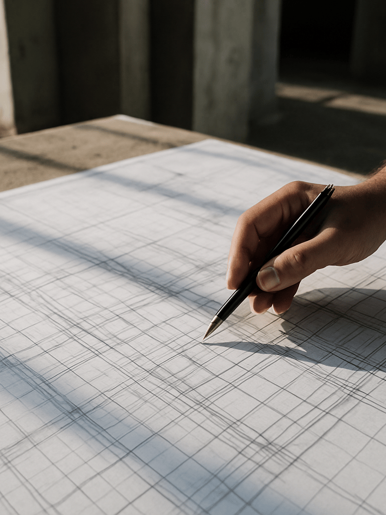 Close-up overhead shot of a large-format technical drawing spread flat on a construction site table, a hand pointing to a structural detail with a mechanical pencil, raw concrete columns visible in soft focus background, natural daylight from a construction opening casting sharp shadows across the blueprint grid lines