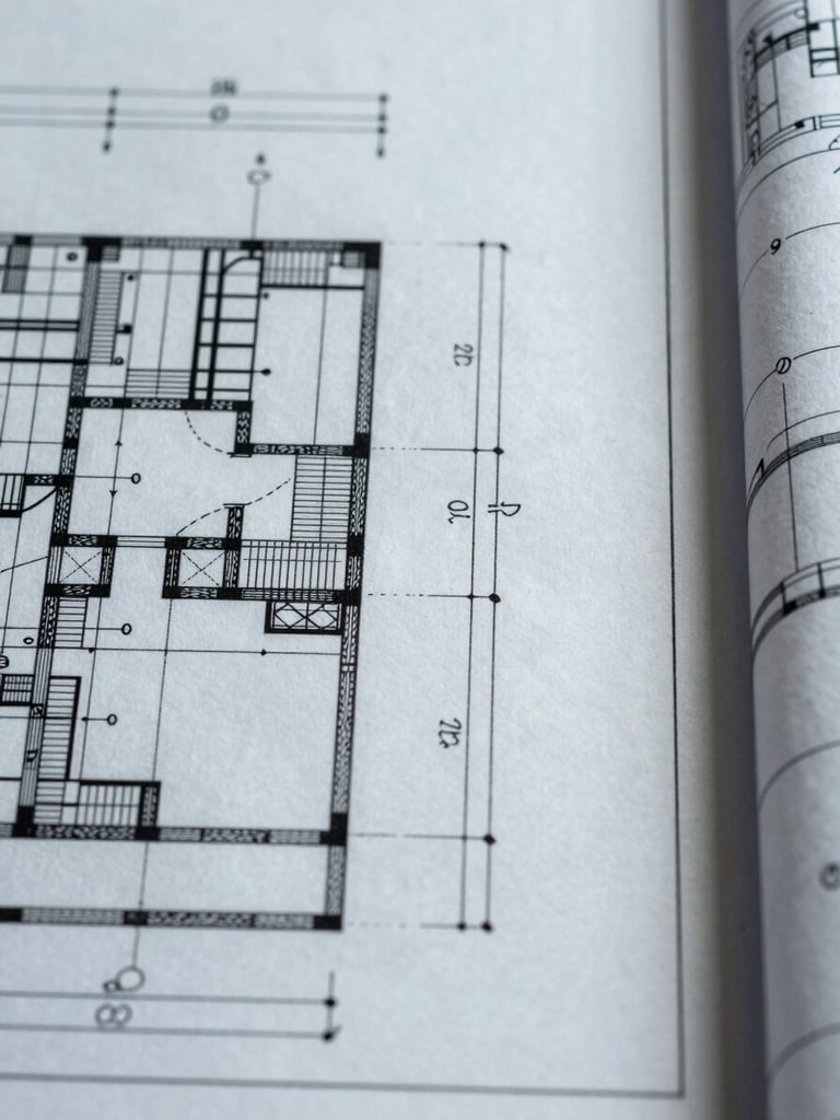 Extreme close-up of a technical blueprint sheet, precise linework and dimension annotations filling the frame, overhead flat lighting, fine pen traces and measurement callouts sharp against pale drafting paper, right edge kissing the frame boundary