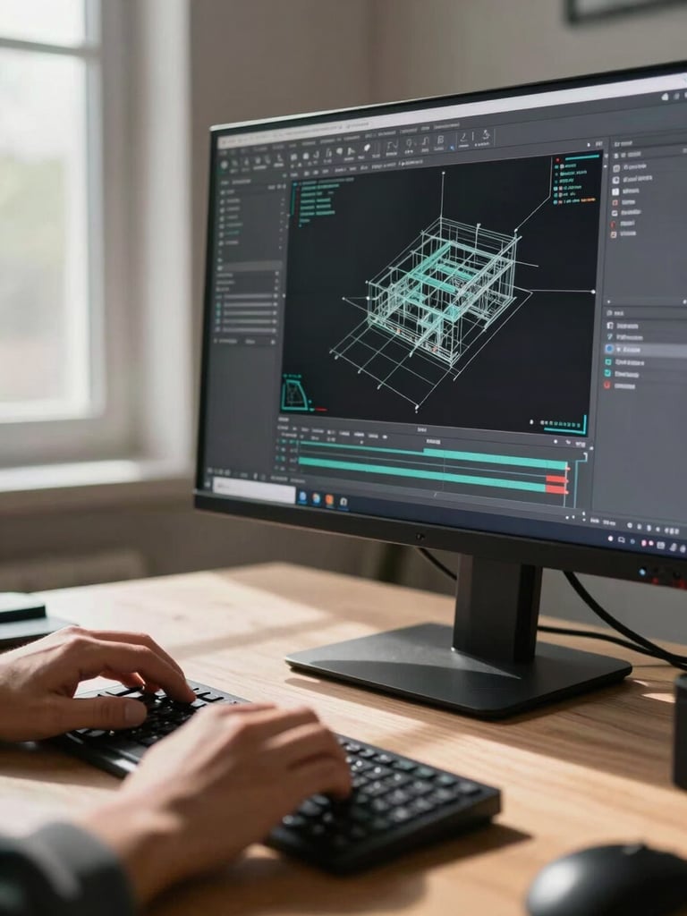 Close-up side angle of a professional at a dual-monitor workstation displaying a detailed CAD structural drawing, hands on keyboard mid-edit, natural daylight from a window to the left casting a directional shadow across the desk, technical annotation layers visible on screen