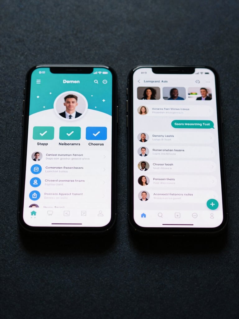 Two smartphones side by side on a dark desk showing a recruitment app interface — one screen displays a candidate profile with verified skills badge, the other shows a chat thread, cinematic cool-toned backlighting