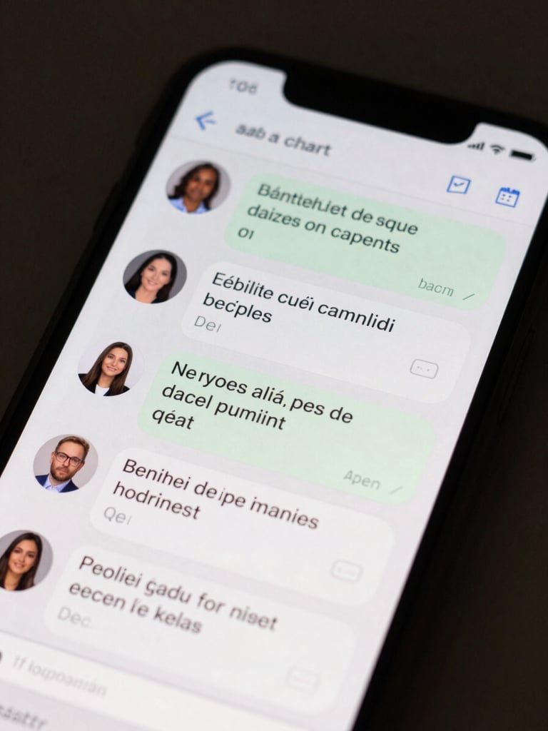 Extreme close-up of a smartphone screen displaying a professional chat interface between a recruiter and a candidate, showing profile photo thumbnails, short message bubbles in French, a file attachment icon and a calendar link, dark mobile UI, sharp focus on the screen text
