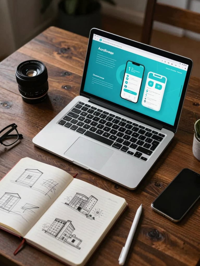 Overhead flat-lay of a designer's workspace in an African city apartment: an open laptop showing a mobile app UI mockup in cool cyan tones, a sketchbook with wireframes, a stylus, all on a dark wooden desk under directional studio light
