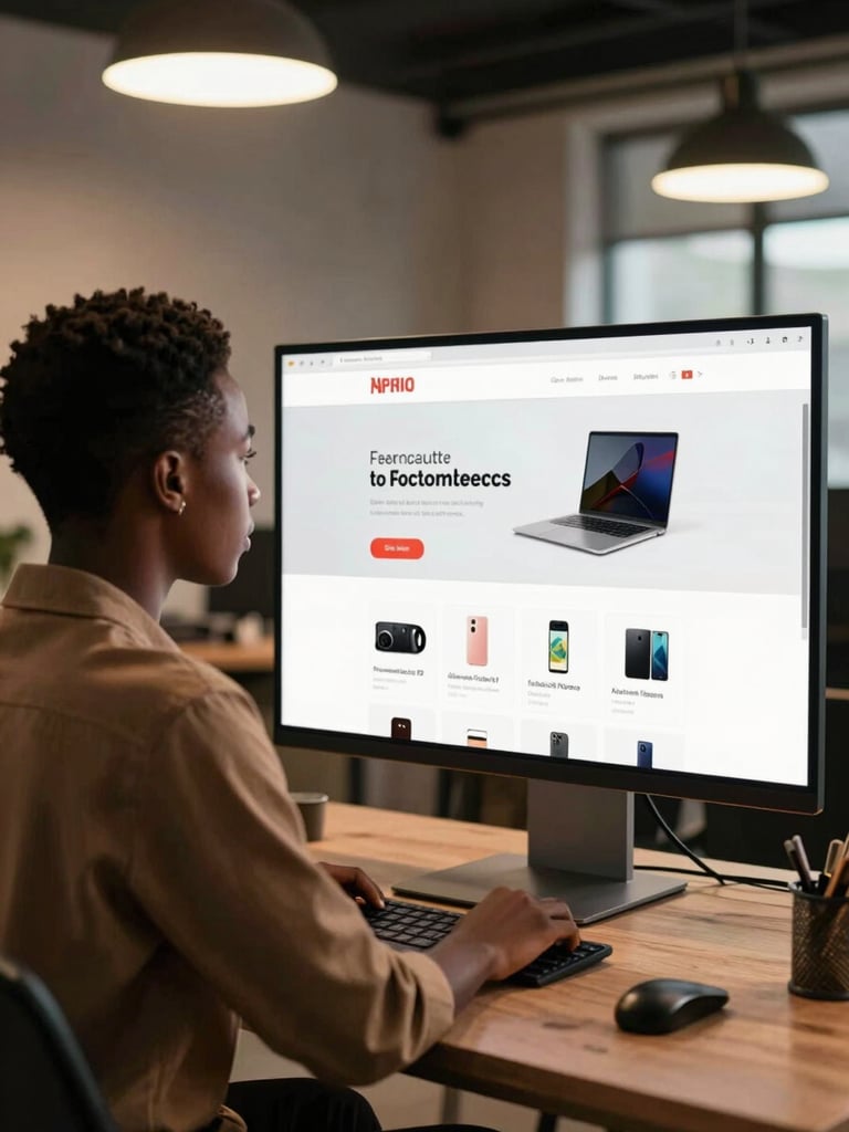 Medium shot of a young African entrepreneur reviewing a finished e-commerce website on a large monitor in a Lagos co-working space, warm overhead studio lighting, screen clearly showing product listings