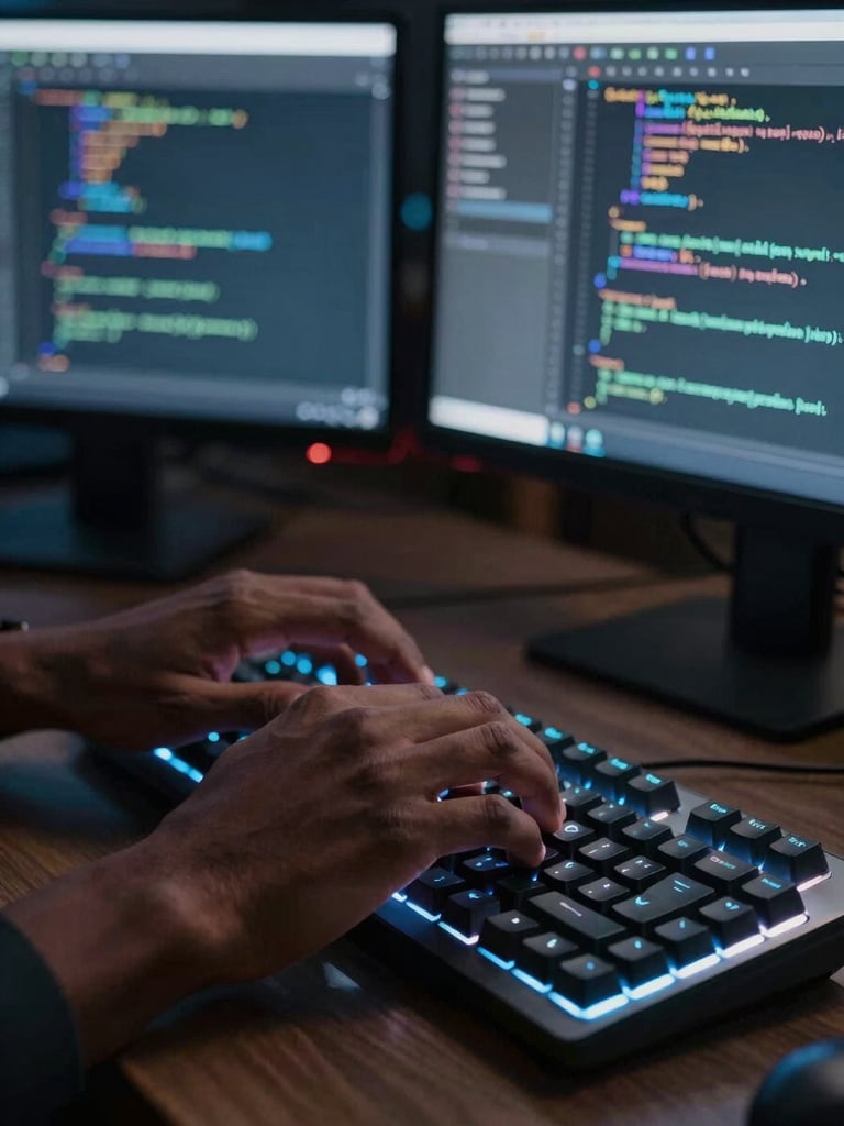 Extreme close-up of a young African man's hands typing code on a backlit mechanical keyboard in a dim workspace, multiple monitors glowing with code editors and terminal windows, cool LED ambient light, high-contrast cinematic framing