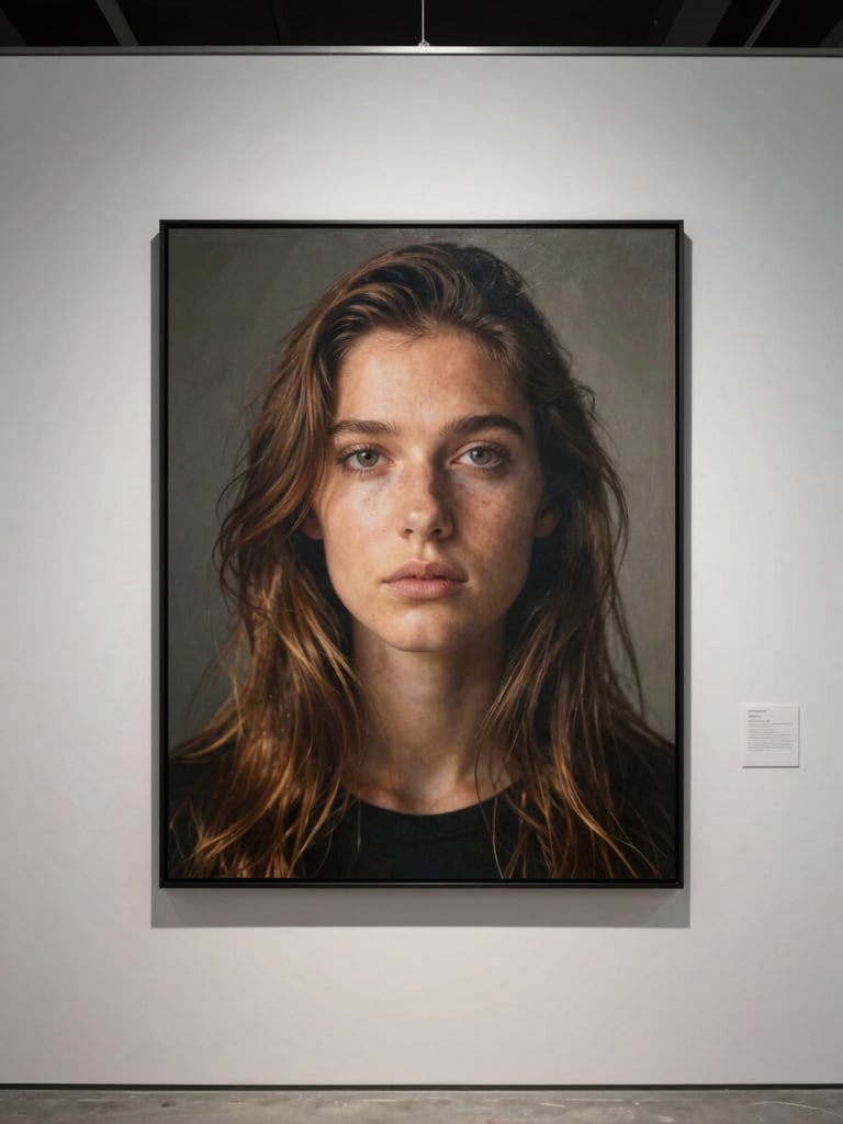 Large finished artwork or design piece mounted on a white gallery wall, photographed straight-on, even ambient light, full piece visible, architectural context shows scale, no people