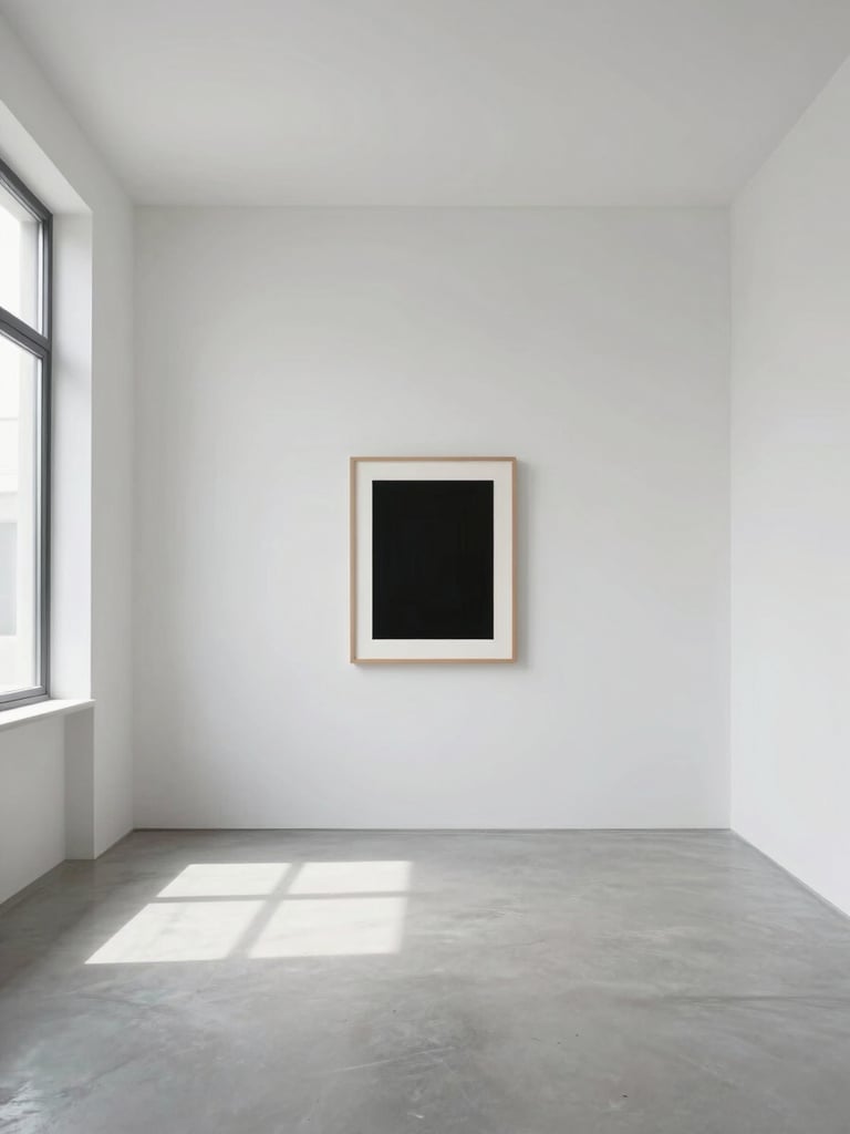 Interior of a minimal studio space, empty white walls with a single framed artwork at center, clean even daylight from a side window, architectural precision, low horizon