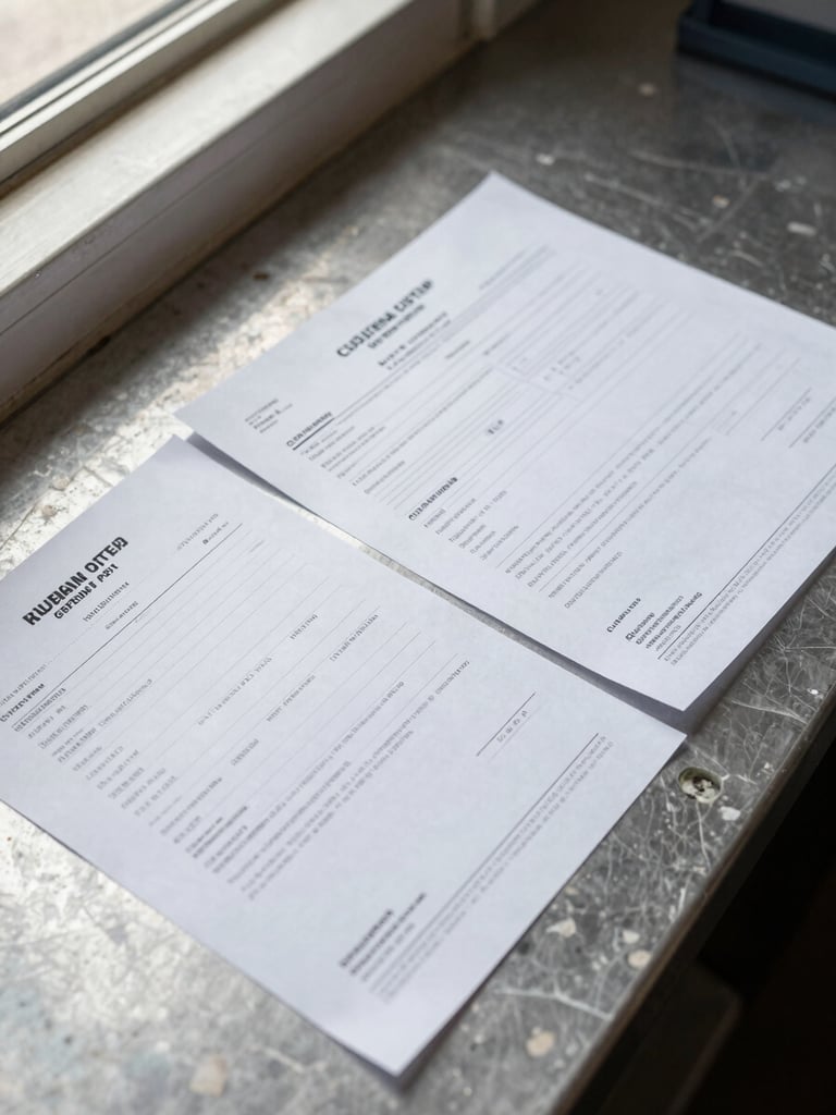 Overhead close-up of export shipping documents, a bill of lading and customs declaration form spread on a steel worktable beside a granite slab edge, natural window light, no people, crisp documentary framing