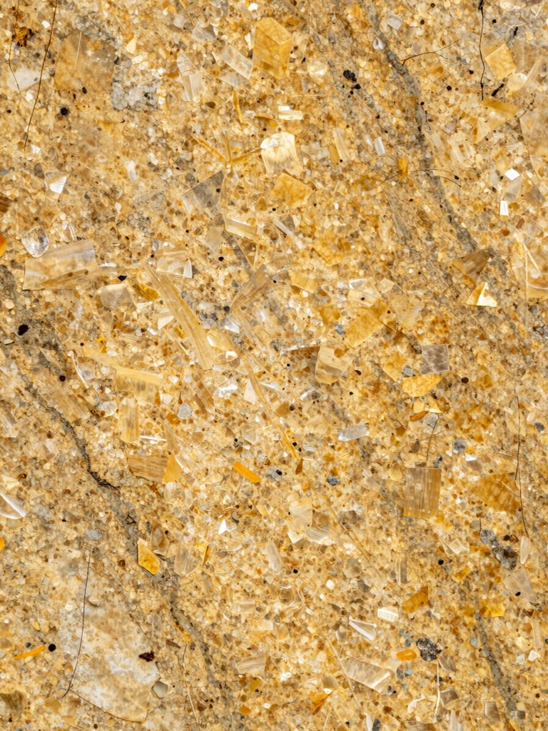 Extreme close-up of Crystal Yellow granite slab surface, raking natural daylight from the left revealing crystalline grain movement and warm golden ground tones, high tonal contrast, no people, no room context, industrial documentary framing