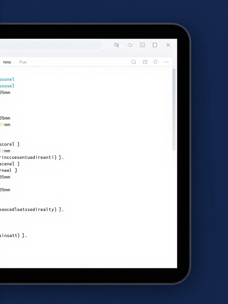 Clean minimalist tech photography, cool studio lighting, deep blue and crisp white tones, sharp focus, 35mm, depicting a clean code editor on a screen with subtle blue reflections