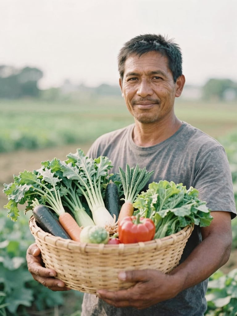 Intimate portrait of a local organic farmer holding a basket of fresh vegetables, looking warmly at the camera, soft natural daylight, 35mm film style