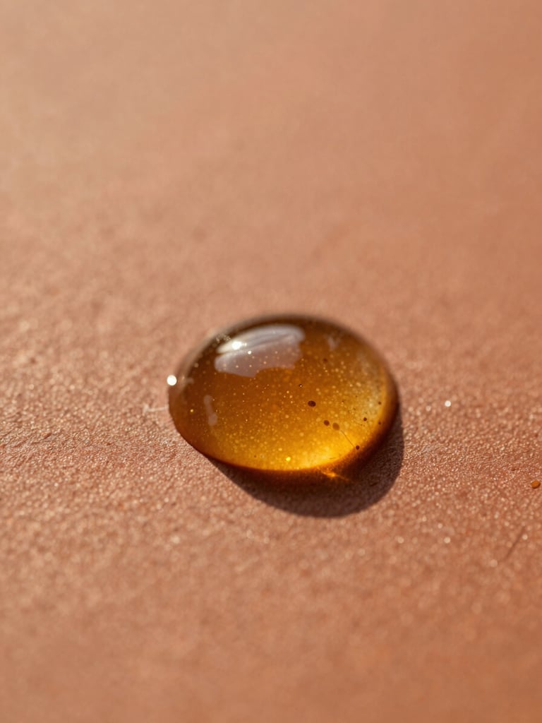 Macro shot of pure amber Argan oil droplets on a warm terracotta surface, golden-hour light