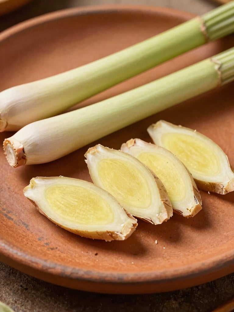 Close-up of raw Thai botanicals, sliced ginger and lemongrass stalks on a rustic clay plate, soft shadows