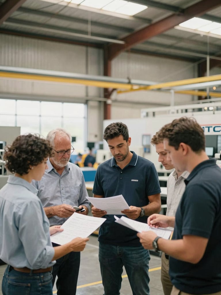A diverse team of industrial engineers collaborating over plans in a brightly lit, modern manufacturing facility in Sydney, candid interaction.
