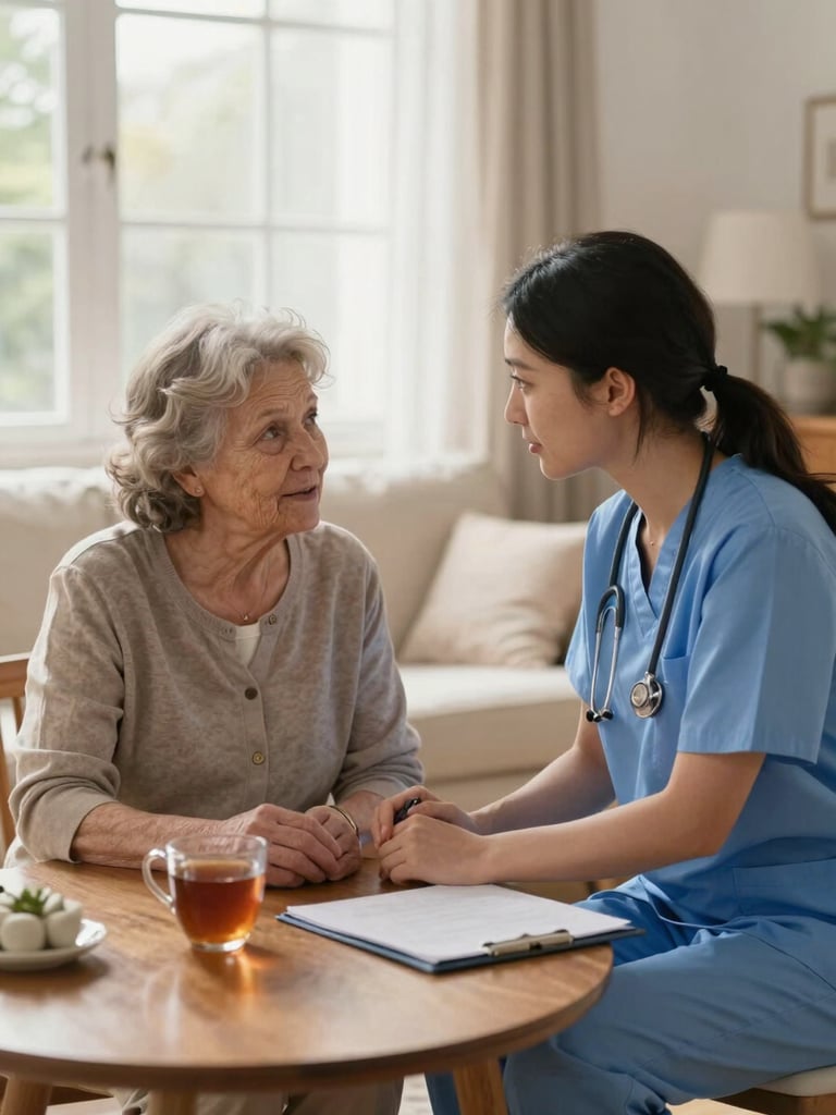 Close interior frame, soft morning window light flooding a home living room — a caregiver seated beside an elderly woman at a small table, leaning in with full attention as the senior speaks, warm eye contact between them, hands resting near a cup of tea, genuine unhurried presence, no clipboards or medical props, natural wood tones and cream furnishings in background