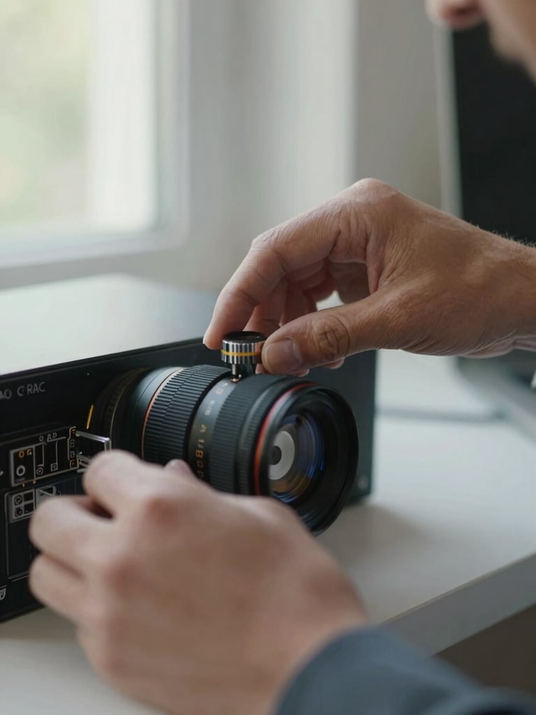 Close-up of an IT specialist's hands carefully configuring a clean home network system, soft natural light from a nearby window, professional atmosphere.