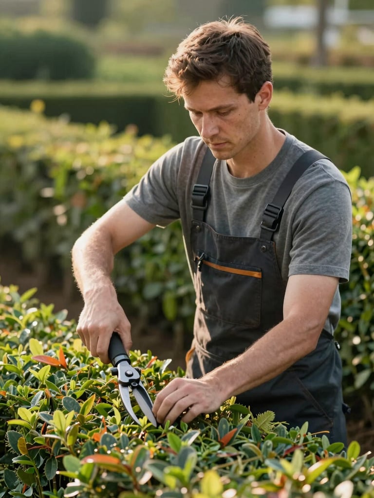 Environmental portrait of a professional gardener pruning a hedge with precision, warm natural sunlight, looking confident.