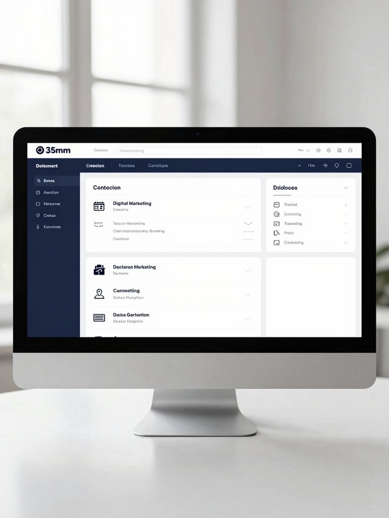 Straight-on clean desktop mockup showing a digital marketing campaign dashboard, high-key studio lighting, slate and navy accents, 35mm