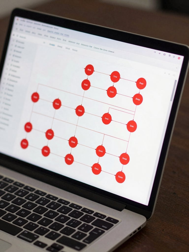 Close-up overhead view of a laptop screen displaying an AI agent workflow dashboard with red decision nodes and process flow lines, on a dark desk in an operations office, clean studio lighting from above