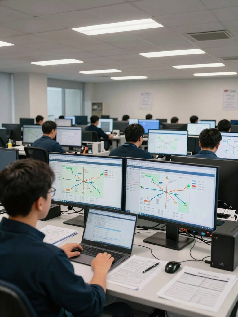 Wide environmental shot of a logistics operations room, team members seated at workstations with route-tracking screens showing process flow maps, overhead fluorescent office lighting, real working environment with printed reports and laptops open