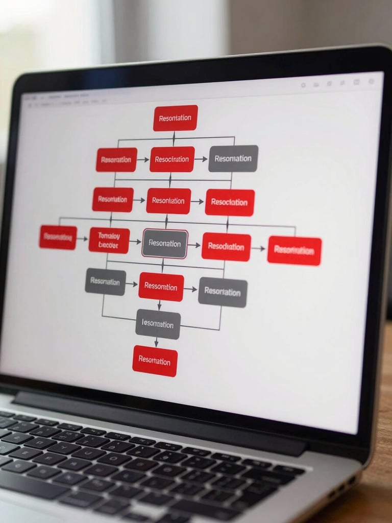 Close-up of a laptop screen showing a conversation agent decision tree with branching logic nodes, red highlighted paths indicating automated resolutions, clean office desk surface visible at bottom edge, daylight from side window