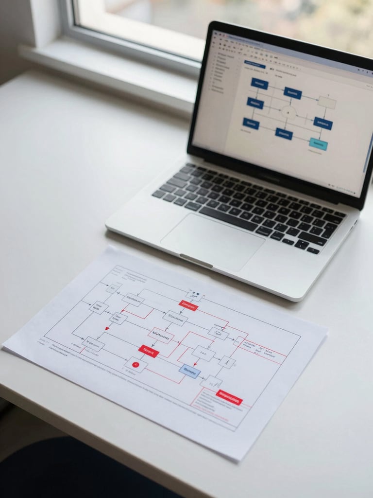 Overhead angle of a desk showing a process map printout annotated with red markers next to a laptop displaying an automation configuration screen with connected workflow nodes, clean daylight from office window above