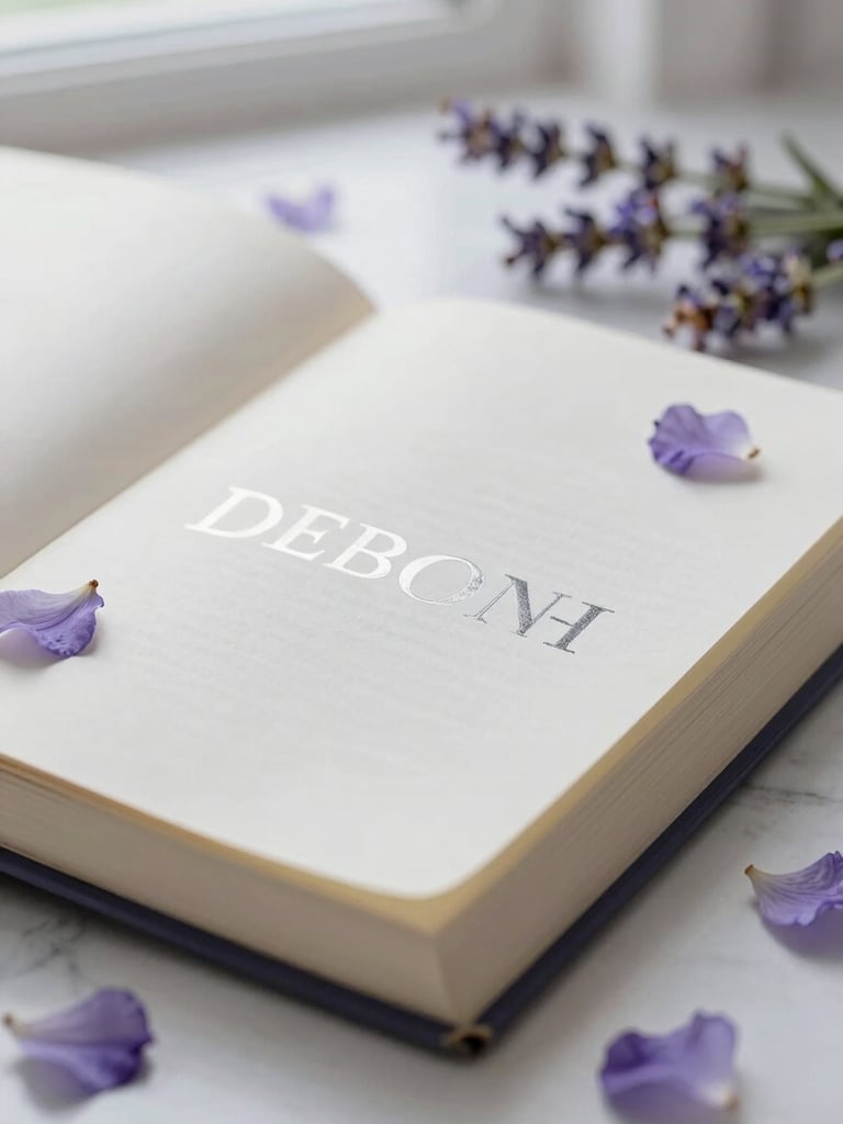 Close-up of an open journal with silver embossed lettering, soft-focus lavender petals scattered on a white marble surface, morning light