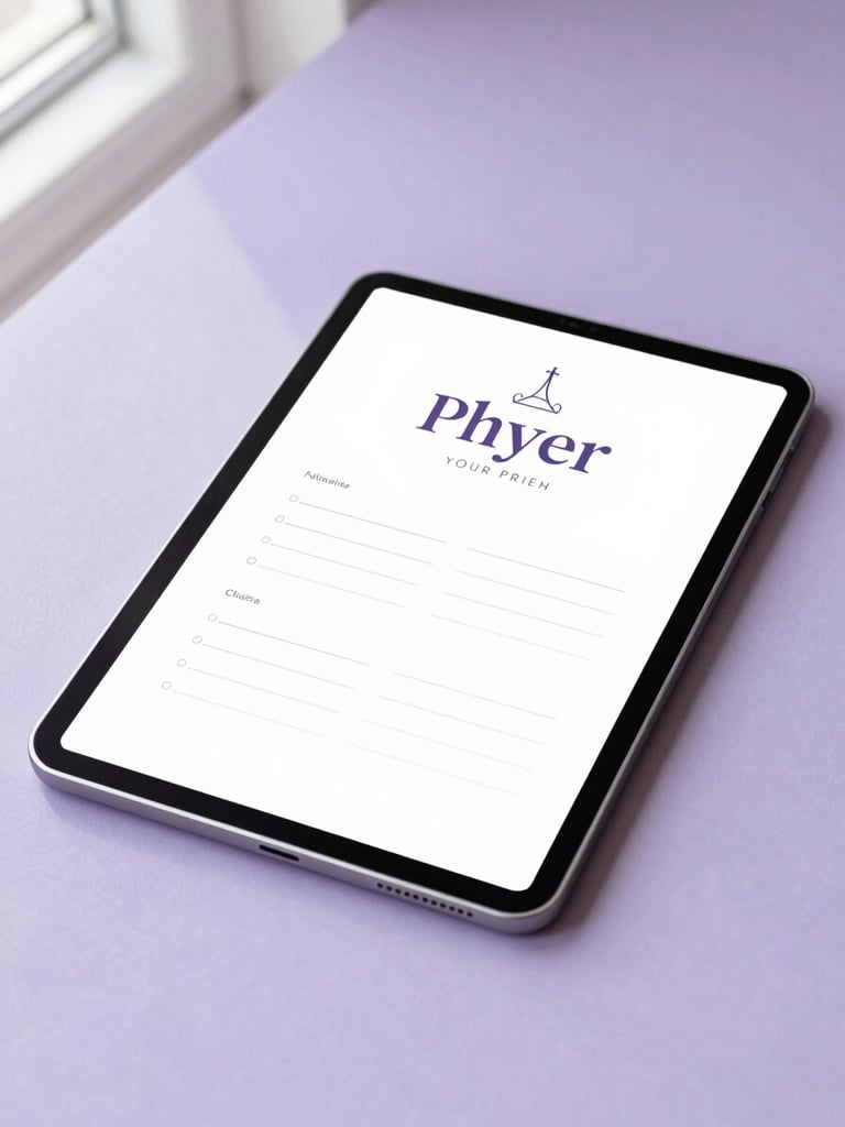 A modern tablet displaying a beautifully designed digital prayer template, resting on a clean lavender surface with soft morning shadows