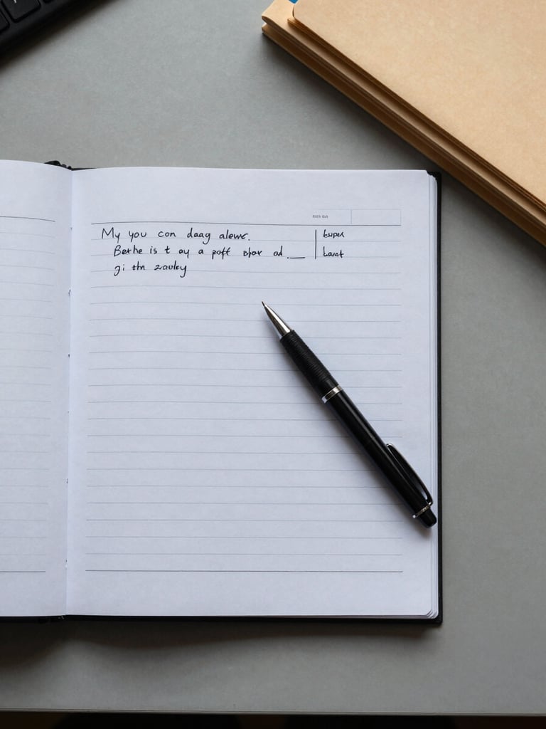 Close overhead flat-lay of an open legal dossier on a grey desk, handwritten margin notes, a pen resting across the page, stacked manila folders partially visible at edge, cool fluorescent office lighting, documentary stillness