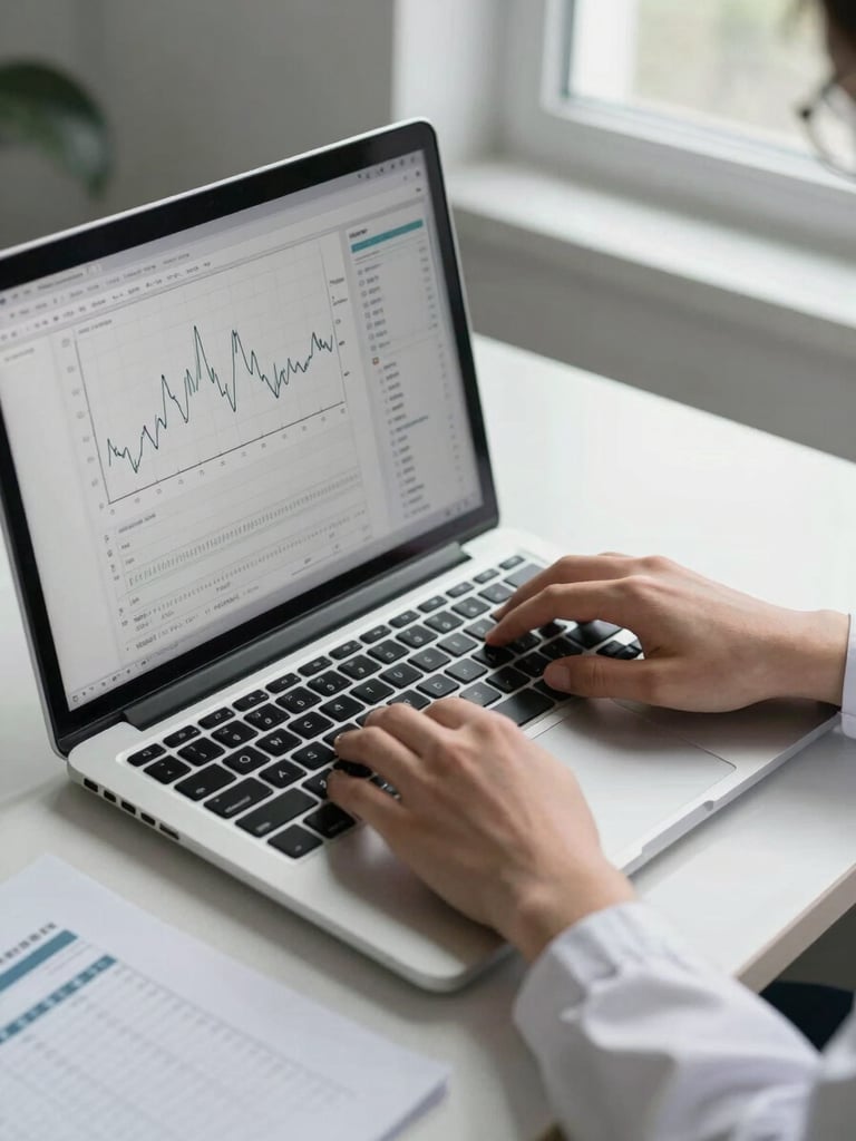 Close overhead shot of a physician's desk under natural window light: a laptop screen displaying soft line graphs of clinical evolution data, a hand resting on the keyboard mid-review, a printed timeline of notes partially visible at the lower edge — no faces, no medical equipment, no smiles
