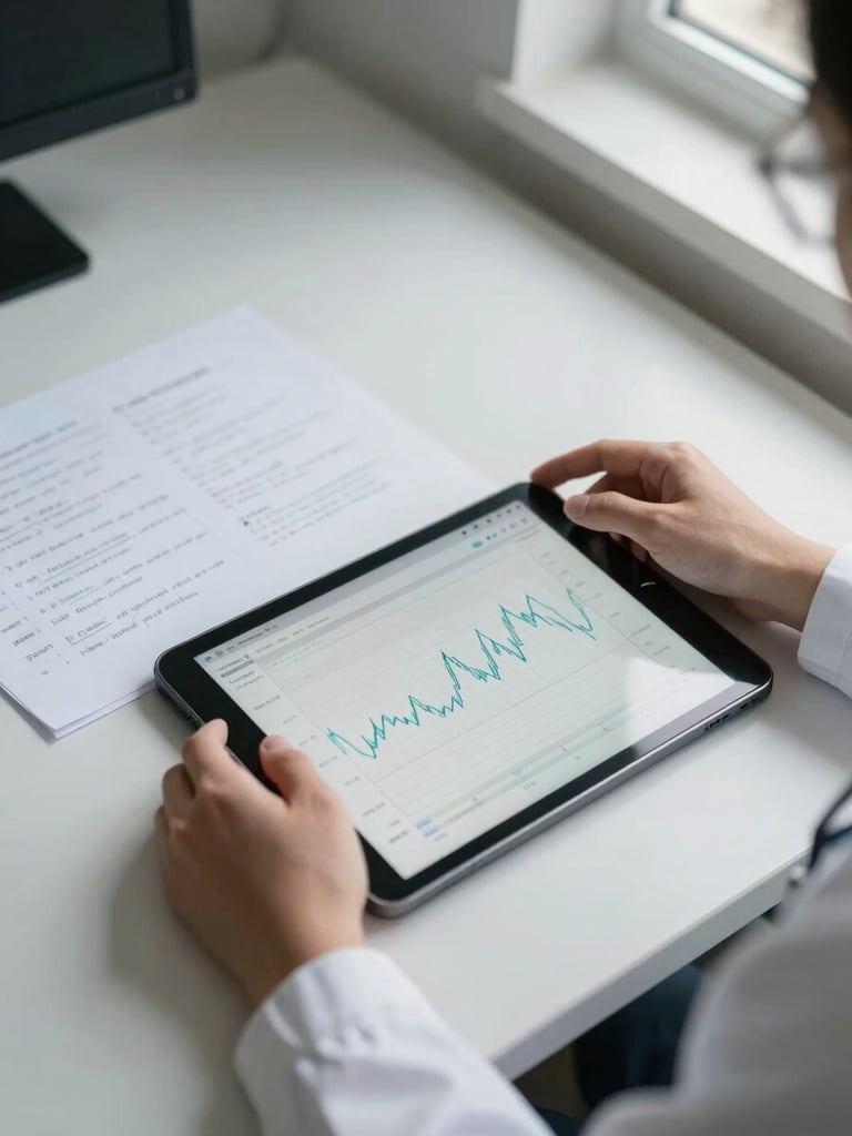 Close overhead view of a clinical desk workspace — a physician's hands resting near an open tablet showing a soft line-graph of patient data evolution, a few handwritten notes on paper to the left in chronological order, natural window light from the upper right, muted tones, no faces visible, organized and focused atmosphere