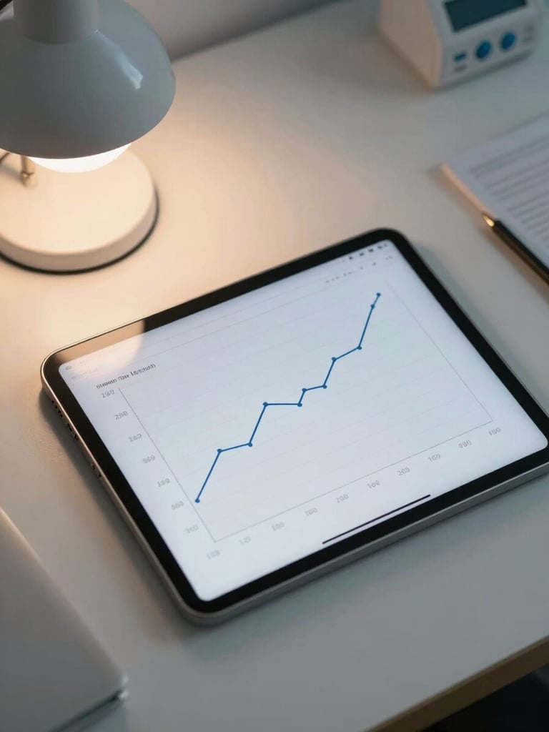 Close overhead shot of a tablet screen on a clinical desk showing a smooth longitudinal data graph with a rising line over several months, annotated timestamps along the x-axis, warm desk lamp light from the left, no human face visible, clean and organised workspace