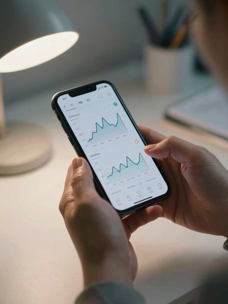 Close-up of a person's hands holding a smartphone, the screen displaying a soft line graph tracking health data across months, natural desk lamp light from the left, clinical workspace background softly out of focus, shot from slightly above at an intimate angle