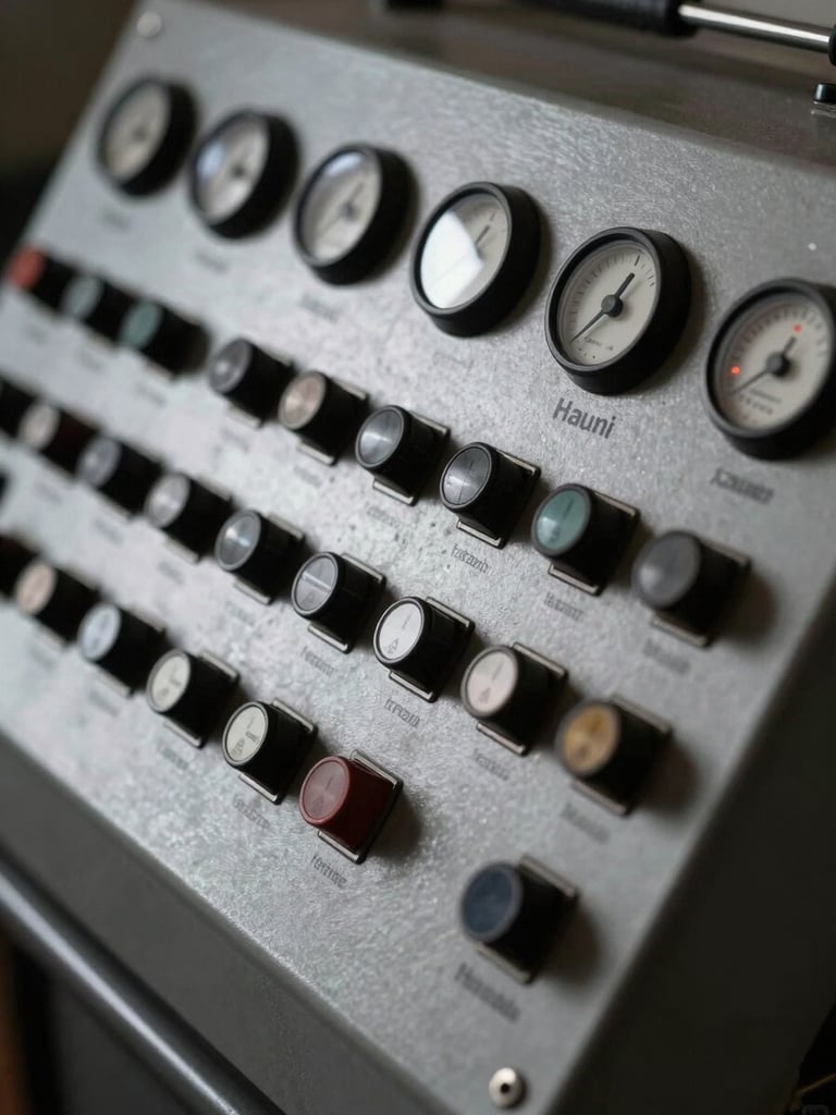 Extreme close-up of a Hauni cigarette maker control panel, rows of precision switches and indicator dials visible under cool studio strobe light, deep shadows emphasising mechanical relief, industrial steel surface